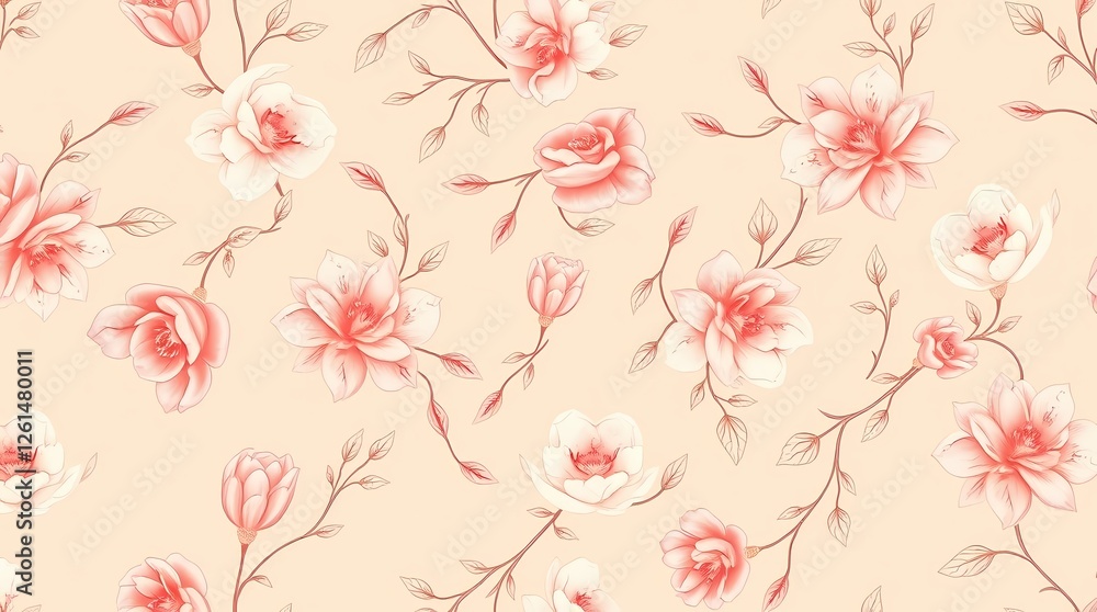 An elegant seamless pattern of delicate, hand-drawn floral motifs in shades of blush pink and ivory, rendered in a vintage style with a subtle textured background and a softly flowing,. An elegant seamless pattern of delicate, hand-drawn floral motifs in shades of blush pink and ivory, rendered in a vintage style with a subtle textured background and a softly flowing,.
