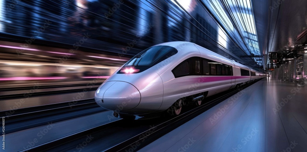 Fototapeta premium High-speed train depiction: dynamic motion, modernized appearance, cutting-edge design, rapid transport, innovative engineering, sleek travel, futuristic transit, swift movement, advanced railway.