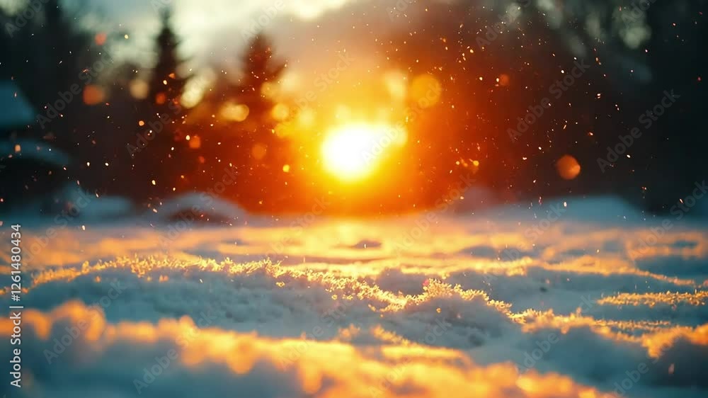 Sunset snow landscape, winter wonderland, falling snowflakes, forest background, nature scene Sunset snow landscape, winter wonderland, falling snowflakes, forest background, nature scene
