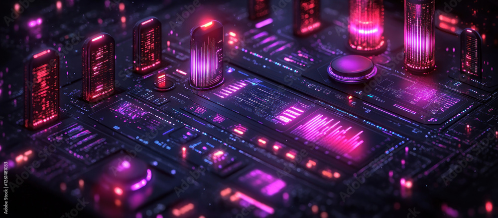 Obraz premium Abstract digital circuit board with glowing neon purple and pink elements in a dark background