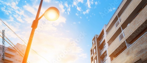Sunset view of city apartments and streetlight