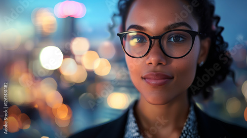 Mujer con gafas reflejando luces urbanas, retrato moderno y elegante. photo