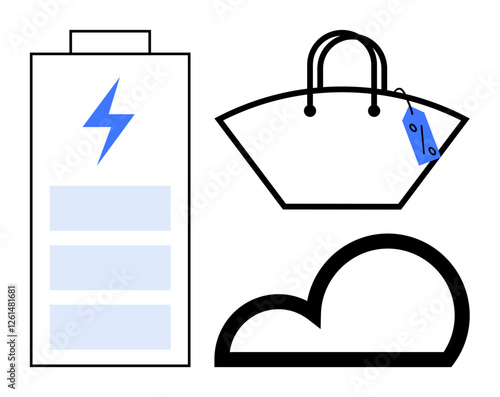 Charging battery symbol, shopping bag with tag, and abstract cloud shape. Ideal for energy conservation, retail, technology, e-commerce, data storage cloud computing digital economy. Abstract line