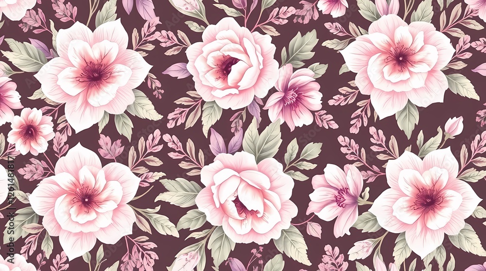 An intricate floral seamless pattern, rendered in a watercolor style with soft, muted tones of blush pink, lavender, and sage green, creating a delicate and romantic aesthetic, with a . An intricate floral seamless pattern, rendered in a watercolor style with soft, muted tones of blush pink, lavender, and sage green, creating a delicate and romantic aesthetic, with a .