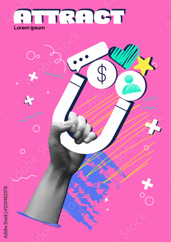 Poster in halftone style. Abstract banner with realistic hand holding magnet. Digital marketing to attract audience and finance. Internet promotion and advertising. Flat doodle vector illustration