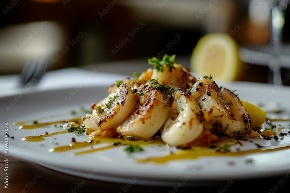 Calamari with drizzled lemon juice and sprinkled herbs on a white porcelain plate Calamari with drizzled lemon juice and sprinkled herbs on a white porcelain plate