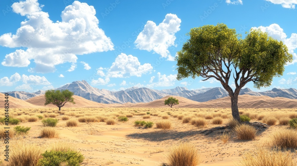 A serene desert landscape featuring sparse trees and distant mountains under a bright sky. A serene desert landscape featuring sparse trees and distant mountains under a bright sky.