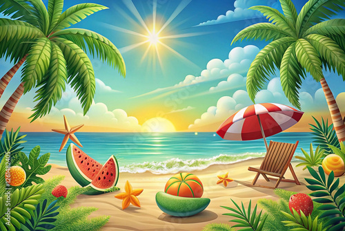 Tropical beach sunset, fruit, chair, umbrella, summer vacation photo