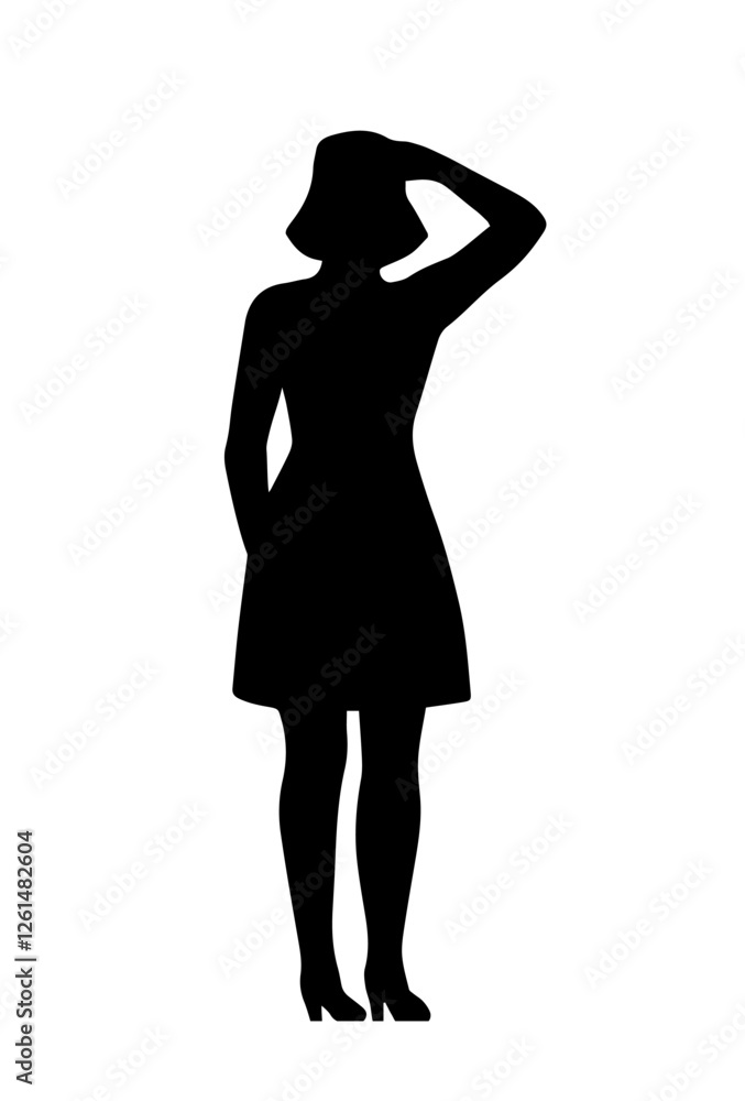 Fototapeta premium People silhouette. Monochrome black icon with young girl wearing cute dress holding her head. Rear view of pensive standing character. Flat vector illustration isolated on background