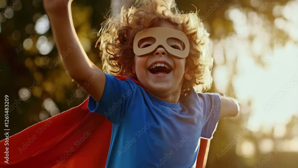 Playful young superhero spreading arms wide, wearing bright costume and laughing while pretending flying during golden sunset light in park landscape Playful young superhero spreading arms wide, wearing bright costume and laughing while pretending flying during golden sunset light in park landscape