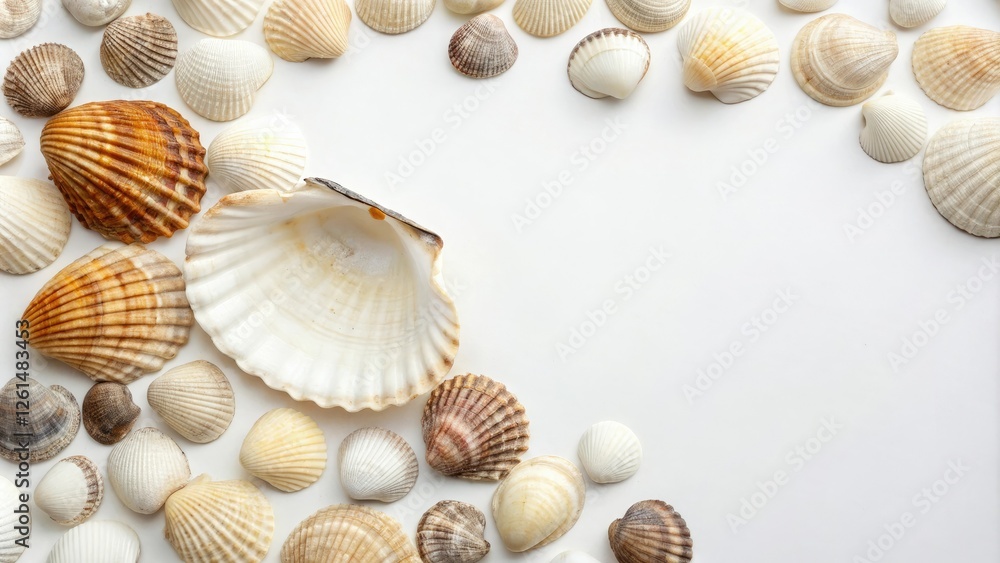 Diverse array of shells including mother of pearl, iridescent, variety, tropical, oceanic Diverse array of shells including mother of pearl, iridescent, variety, tropical, oceanic
