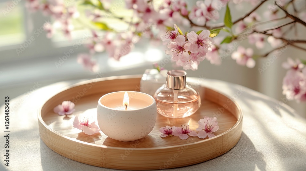 A serene display featuring a candle, perfume, and cherry blossoms on a wooden tray. A serene display featuring a candle, perfume, and cherry blossoms on a wooden tray.