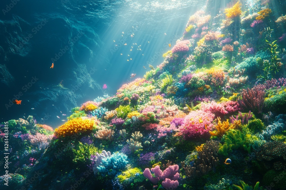 Obraz premium Vibrant coral reef, underwater scene, sunlight