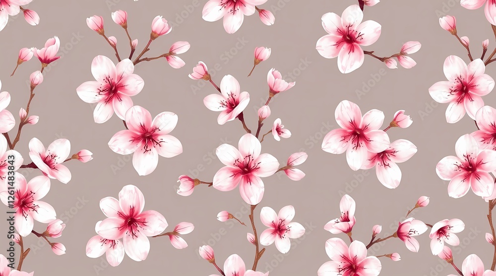 An intricate, hand-drawn seamless pattern of blooming cherry blossoms in varying shades of pink and white, using a delicate watercolor style, evoking a soft, romantic feel, arranged in.