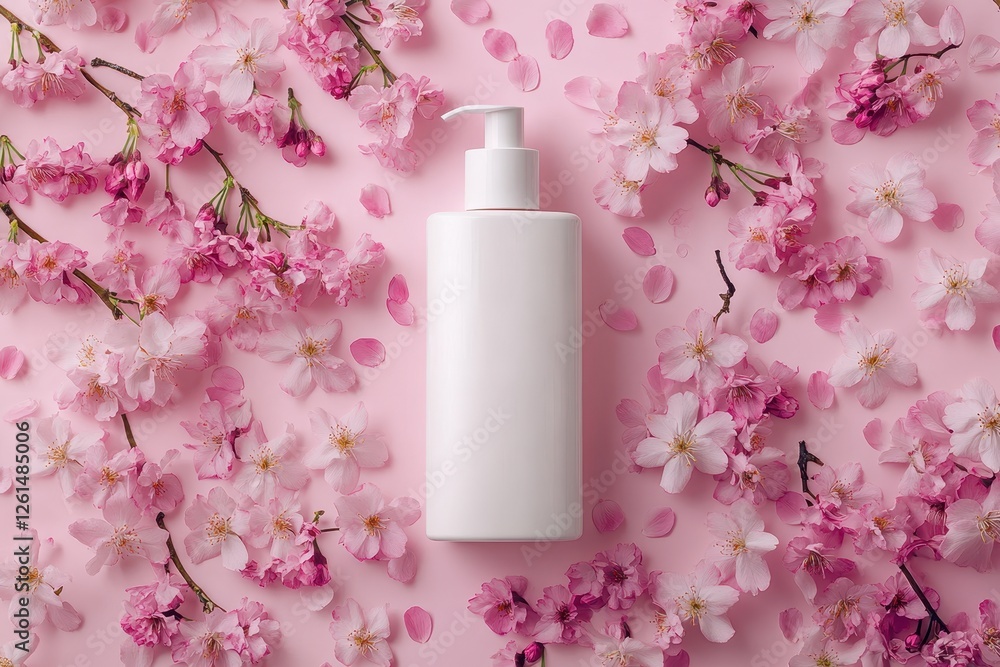 White pump bottle on pink background, surrounded by cherry blossoms. Perfect for beauty, skincare, or spring-themed product mockups. White pump bottle on pink background, surrounded by cherry blossoms. Perfect for beauty, skincare, or spring-themed product mockups.