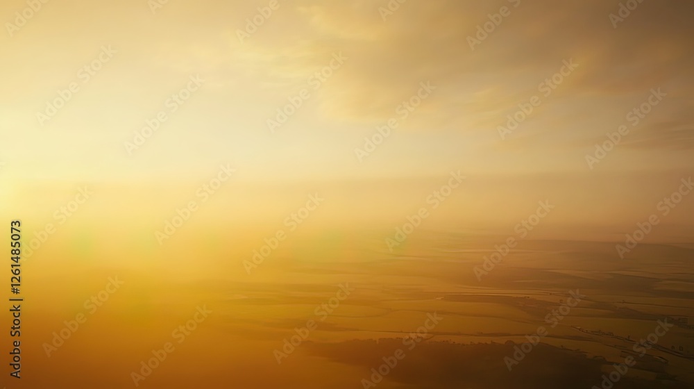 Obraz premium Golden, hazy sunrise or sunset over a landscape. Soft, warm light fills the sky and features a hazy view of land below.