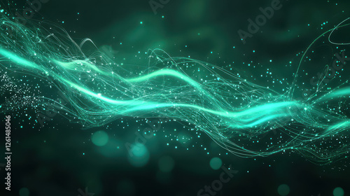 Abstract background with glowing lines and dots in teal color on a dark green background