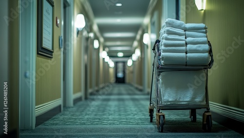 Hotel hallway, cleaning cart with towels, empty corridor, daytime photo