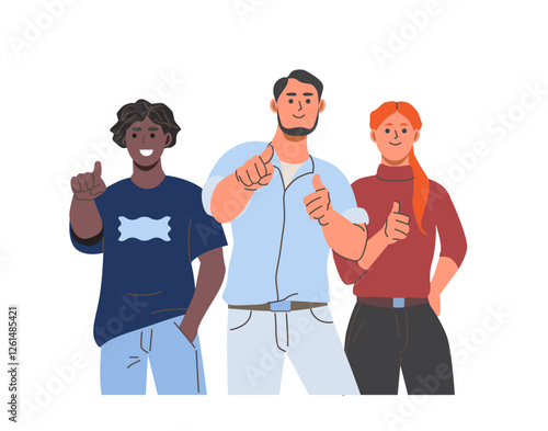People pointing with finger. Happy teens indicate with hand. Group of smiling people point at you and make thumbs up gesture. Cartoon flat vector illustration isolated on background