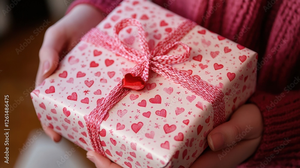 Wrapped heartfelt present in hand for a special occasion celebration Wrapped heartfelt present in hand for a special occasion celebration