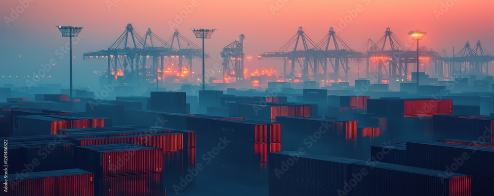 Obraz premium Industrial Port at Dusk with Containers and Cranes in Background
