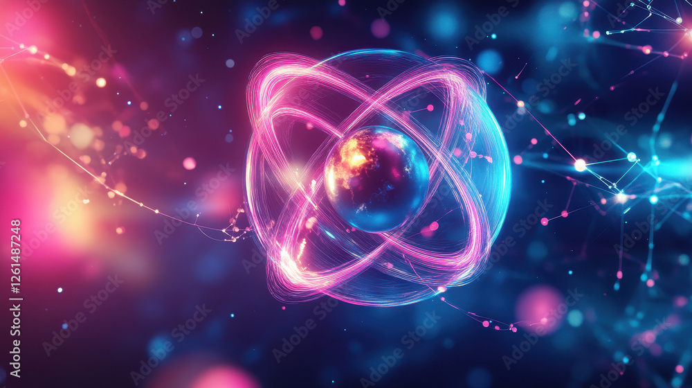 Fototapeta premium Abstract, neon-glowing, futuristic background with an atomic model