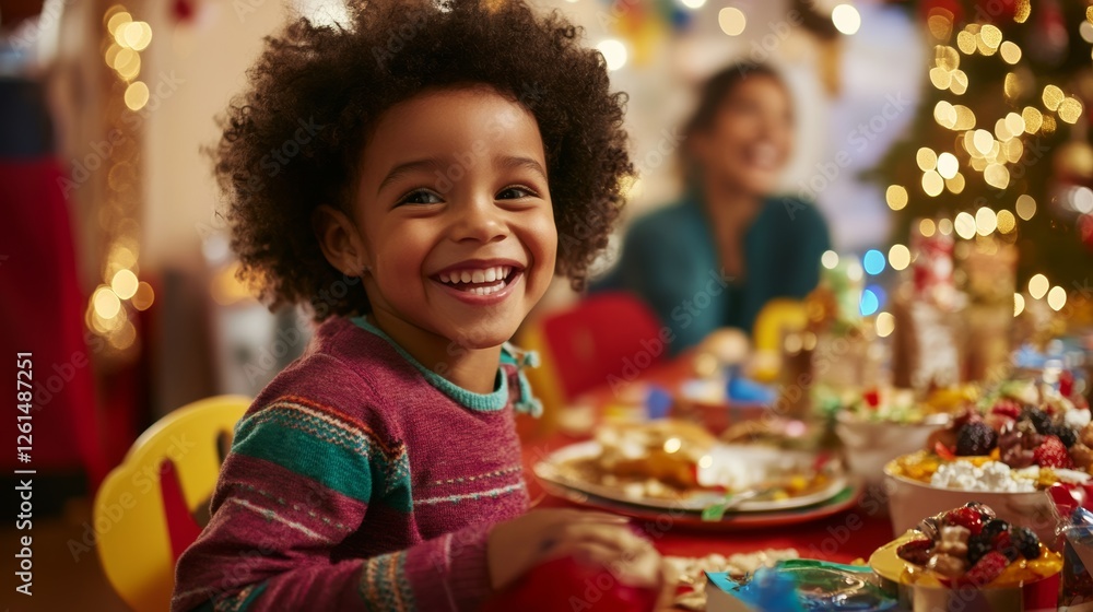 Joyful child smiling at a festive gathering with colorful decorations and a variety of delicious food during the holiday season Joyful child smiling at a festive gathering with colorful decorations and a variety of delicious food during the holiday season