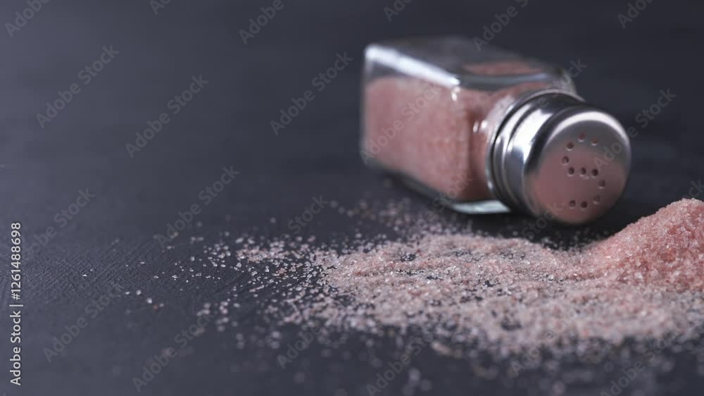 Salt shaker and pile of spilled Himalayan salt or pink salt on a black stone table. Salt shaker and pile of spilled Himalayan salt or pink salt on a black stone table.