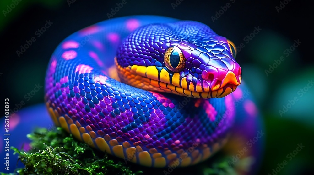 Fototapeta premium A rainbow boa basking under soft jungle light 