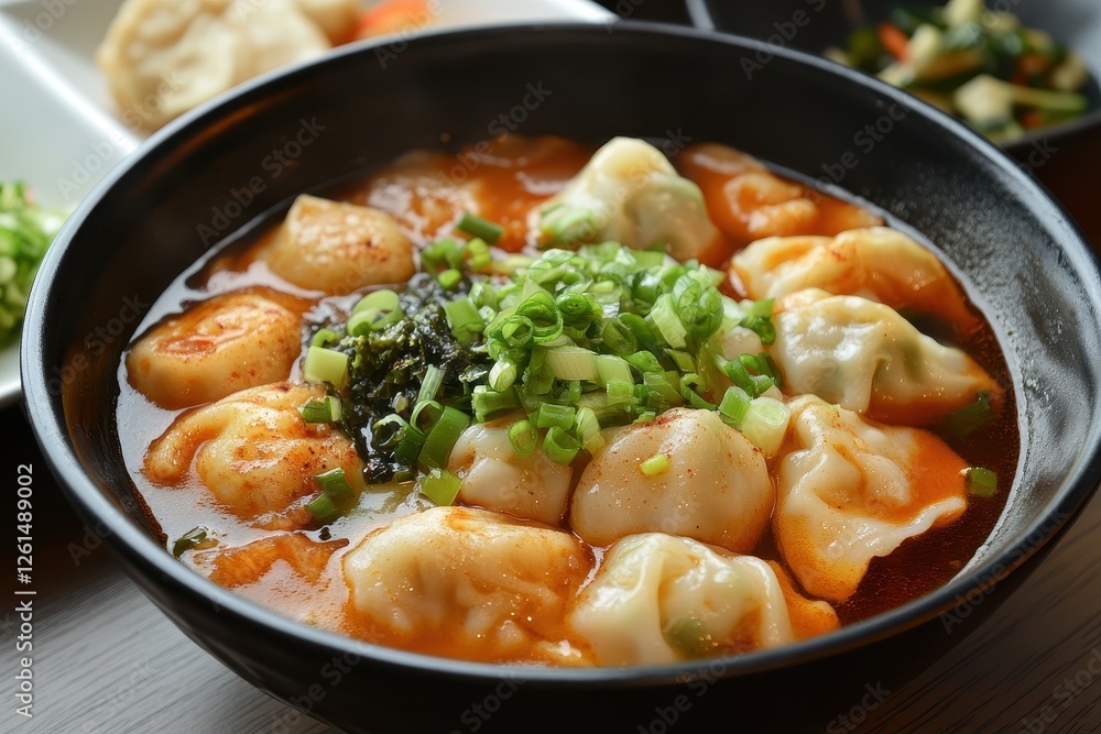 Spicy dumplings in a rich broth, garnished with green onions. Perfect for illustrating Asian cuisine, food blogs, or restaurant menus. Spicy dumplings in a rich broth, garnished with green onions. Perfect for illustrating Asian cuisine, food blogs, or restaurant menus.