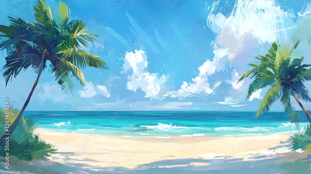 Fototapeta premium Serene tropical beach scene with palm trees under a vibrant blue sky.