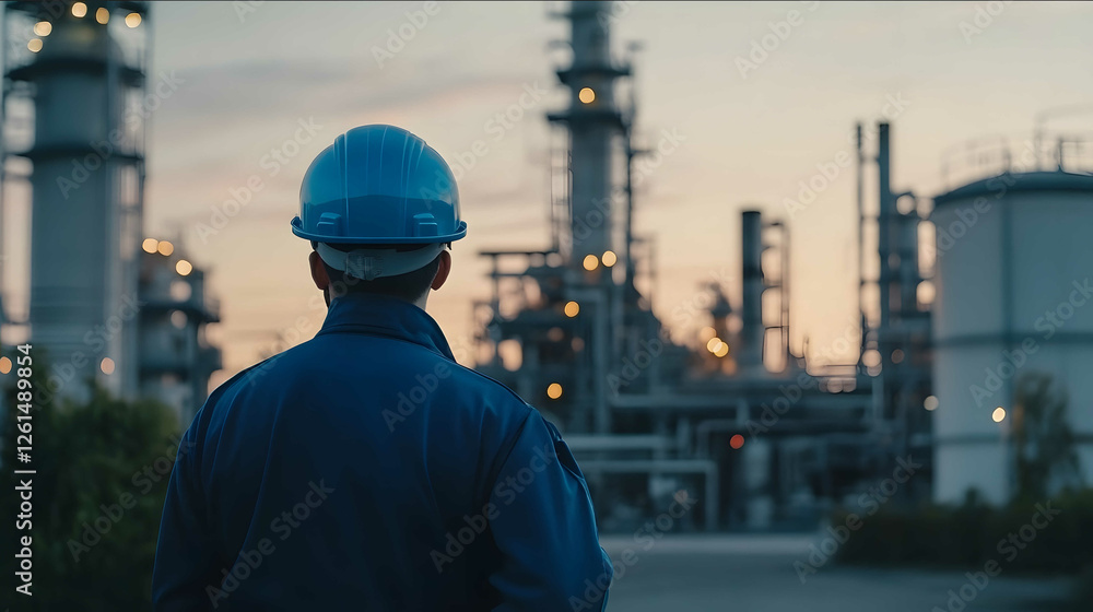 A man in blue helmet is standing in front of gas or oil factory A man in blue helmet is standing in front of gas or oil factory