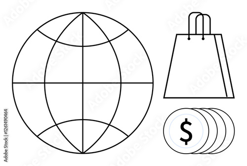 Globe, shopping bag, and dollar coins. Ideal for online shopping, e-commerce, global market, financial transactions, business consumer trends retail. Line metaphor
