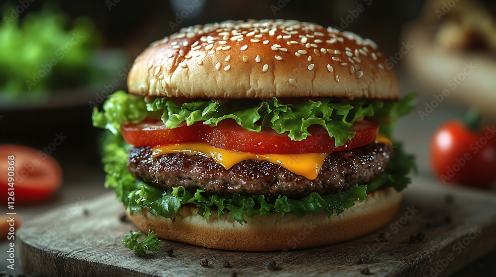 Close up shot of a delicious vibrant hamburger with lettuce tomato and cheese isolated on a transparent background ideal for food marketing Close up shot of a delicious vibrant hamburger with lettuce tomato and cheese isolated on a transparent background ideal for food marketing