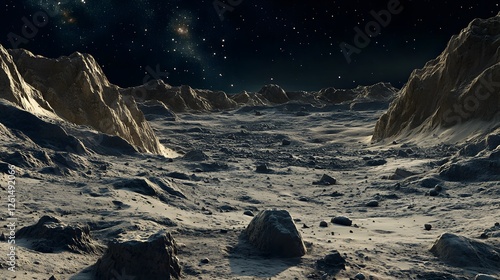 A desolate, rocky landscape under a starry night sky.  Rugged mountains and scattered boulders dominate the scene, evoking a sense of alien isolation and vastness. photo