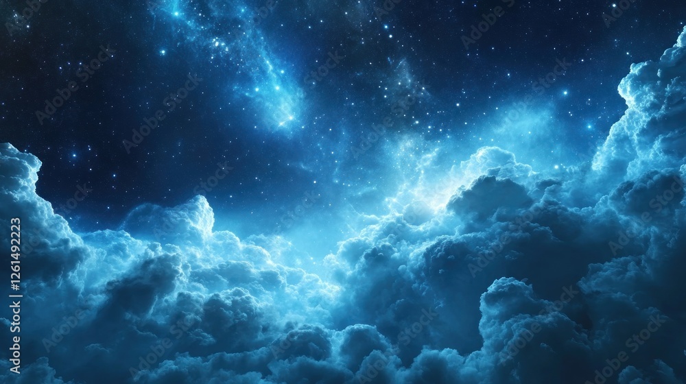 Fototapeta premium A stunning depiction of a celestial scene with clouds and stars illuminating the night sky.