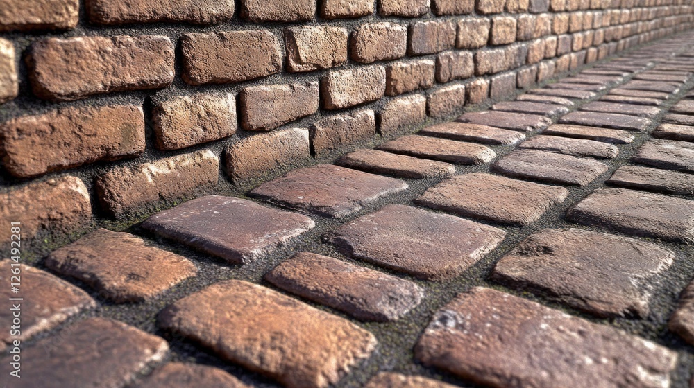 Cobblestone pathway next to a brick wall. Close-up view of the textures. Cobblestone pathway next to a brick wall. Close-up view of the textures.