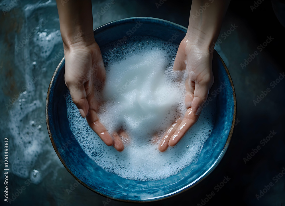 A moment of tranquility, Hands gently resting in a bowl of pristine, frothy water, an intimate scene of cleansing and self-care beautifully captured A moment of tranquility, Hands gently resting in a bowl of pristine, frothy water, an intimate scene of cleansing and self-care beautifully captured