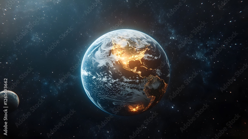 Obraz premium Stunning view of Earth from space, showcasing the illuminated continents at night against a backdrop of stars and a distant moon. A breathtaking cosmic scene.