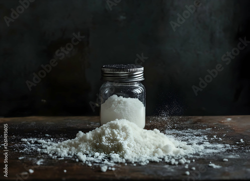 A minimalist depiction of salt, Featuring a clear glass jar filled with pristine white grains resting on a weathered wooden surface in diffused light photo