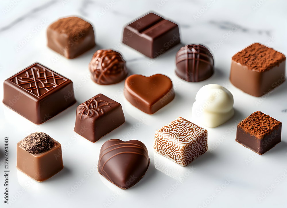 An Exquisite Collection of Artisan Chocolates, A Symphony of Flavors and Textures Presented on a Pristine Marble Surface with Subtle Lighting An Exquisite Collection of Artisan Chocolates, A Symphony of Flavors and Textures Presented on a Pristine Marble Surface with Subtle Lighting
