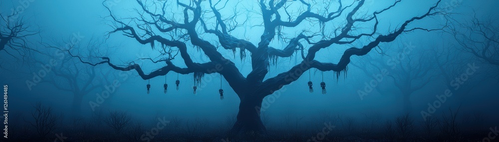 Obraz premium Haunting Misty Landscape with Gnarled Trees and Foggy Atmosphere