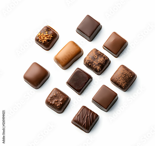 An assortment of decadent chocolate pralines, beautifully arranged on a white surface, perfect for confectionery or gourmet food projects, top-down view