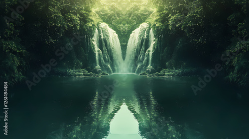 Symmetrical serene emerald green jungle river with small waterfalls in morning light, copy space. Gravity-Reversed Waterfalls. Illustration