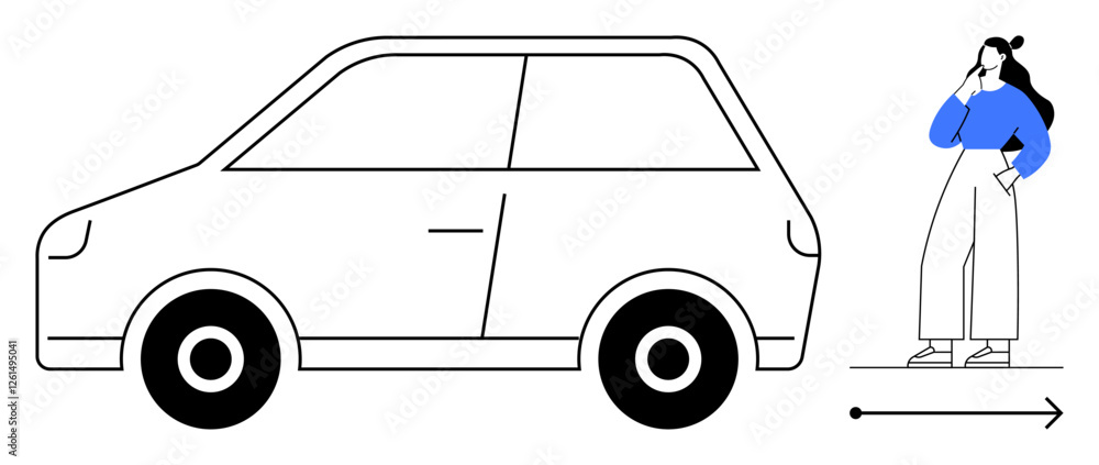 Naklejka premium Woman standing next to a car, thinking. Direction arrow indicates future movement or decisions. Ideal for decision-making, travel planning, future, goals, contemplation progress journey. Minimalist