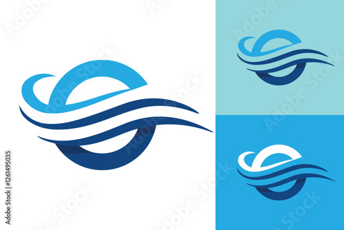 The image shows a flat logo design that depicts a letter O in blue color with three wavy waves cut through on a white background