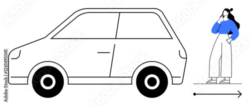 Woman standing next to a car, thinking. Direction arrow indicates future movement or decisions. Ideal for decision-making, travel planning, future, goals, contemplation progress journey. Minimalist