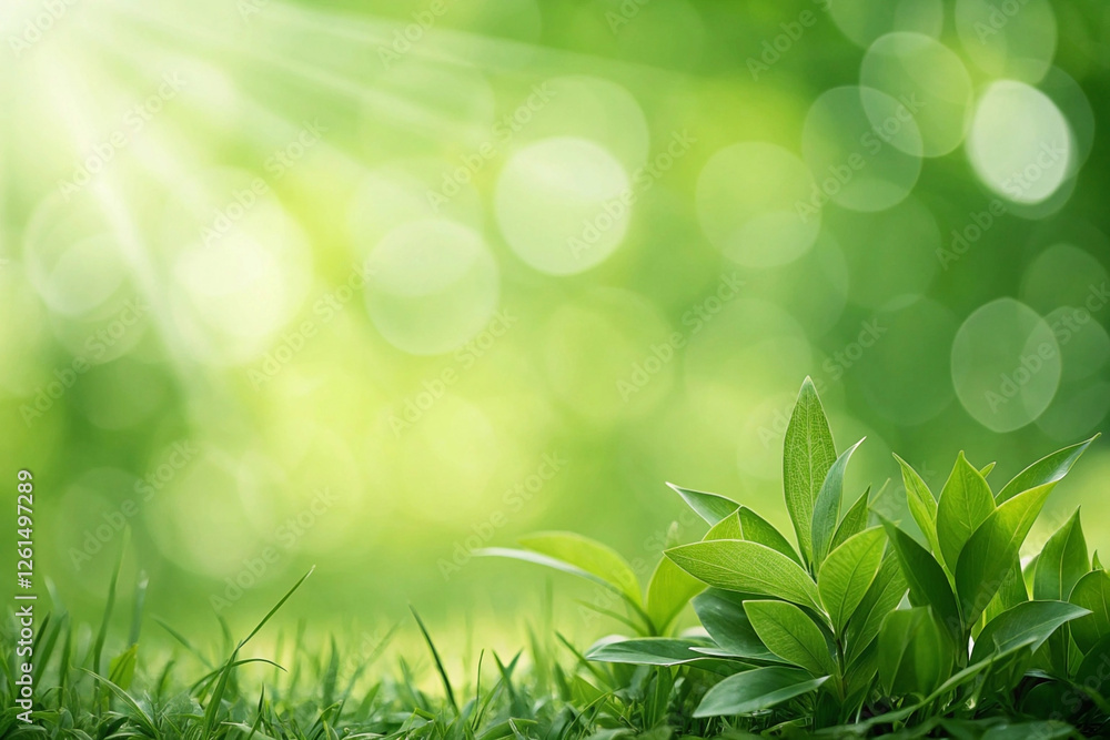 Sunlight on vibrant green plants sprouting in lush grass, bokeh background; nature, spring Sunlight on vibrant green plants sprouting in lush grass, bokeh background; nature, spring