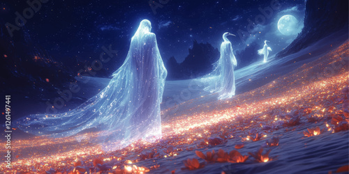 Ethereal Spirits Walking Through Luminous Landscape Under Moonlit Sky | High-Resolution Vector Art of Mystical Figures, Glowing Flowers, and Starry Night