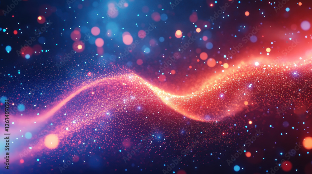 Fototapeta premium Red and blue gradient background, digital particles glowing in the dark